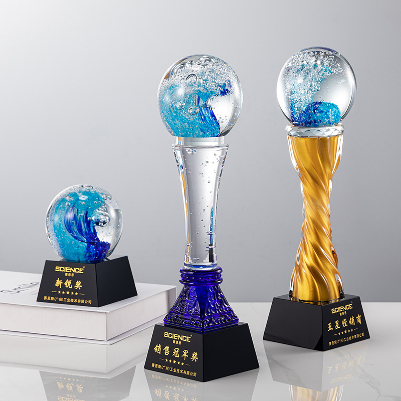 Ocean Ball Crystal Trophy Making Blue Wave Crystal Ball Memorial Trophy Surfing Swimming Diving Competition Prizes