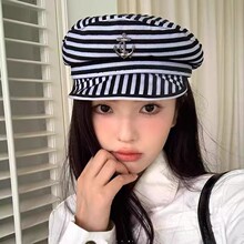 复古条纹海军帽大头围帽子女款高级感鸭舌帽韩系八角贝雷帽
