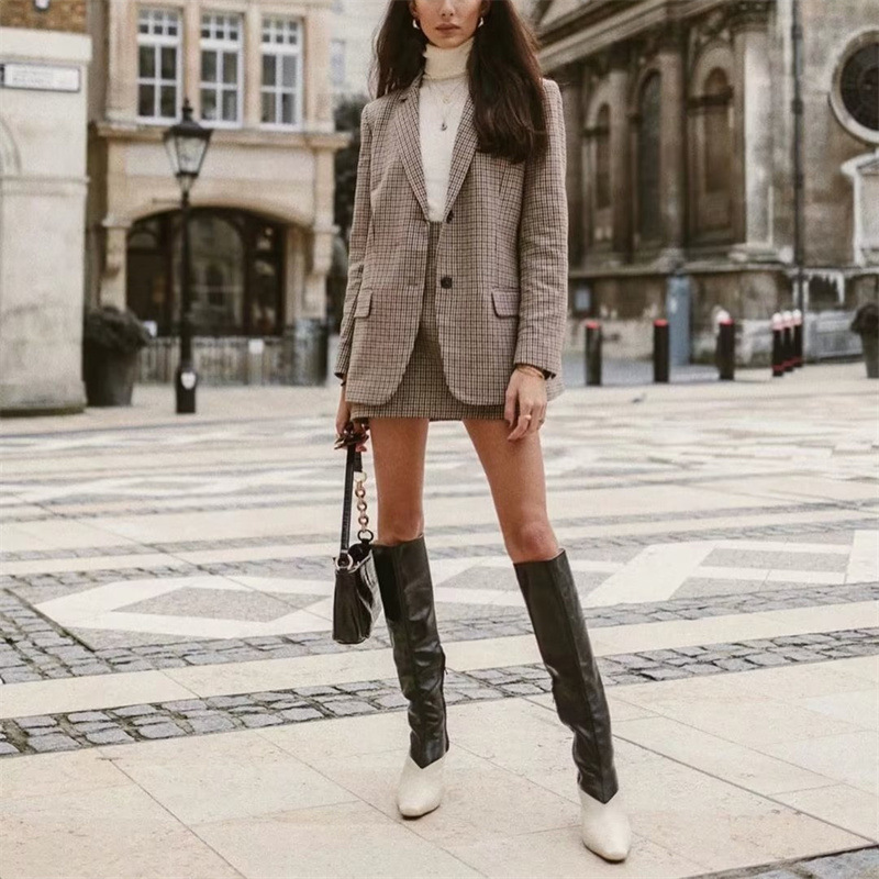 Veste de costume brossée à motif pied-de-poule pour femme_voghion.com