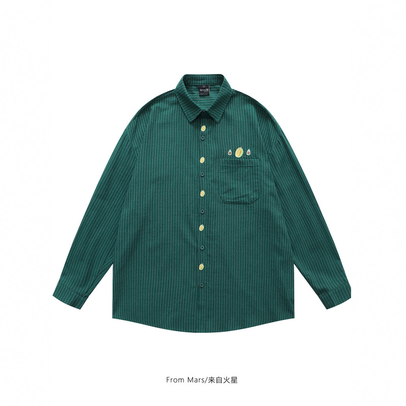 Guangzhou Thirteen Rows Wholesale In-Stock Trendy Retro Fruit Embroidery Loose Casual Long-Sleeve Shirt Bf Unisex