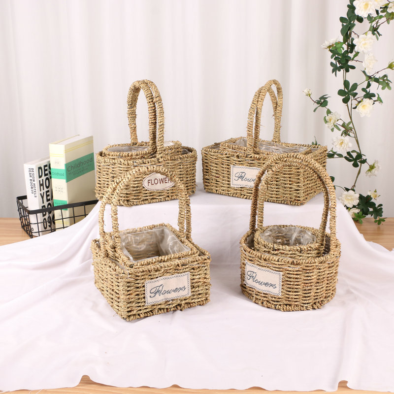 Cesta de Flores Tejida a Mano de Hierba Natural, Decorativa, para Arreglos Florales y Fiestas