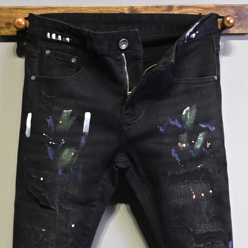 Men's Clothing Men's Street Style Ripped Jeans Distressed Black Gray Washed Paint Print Slim Fit Skinny Jeans_mkmklike.com