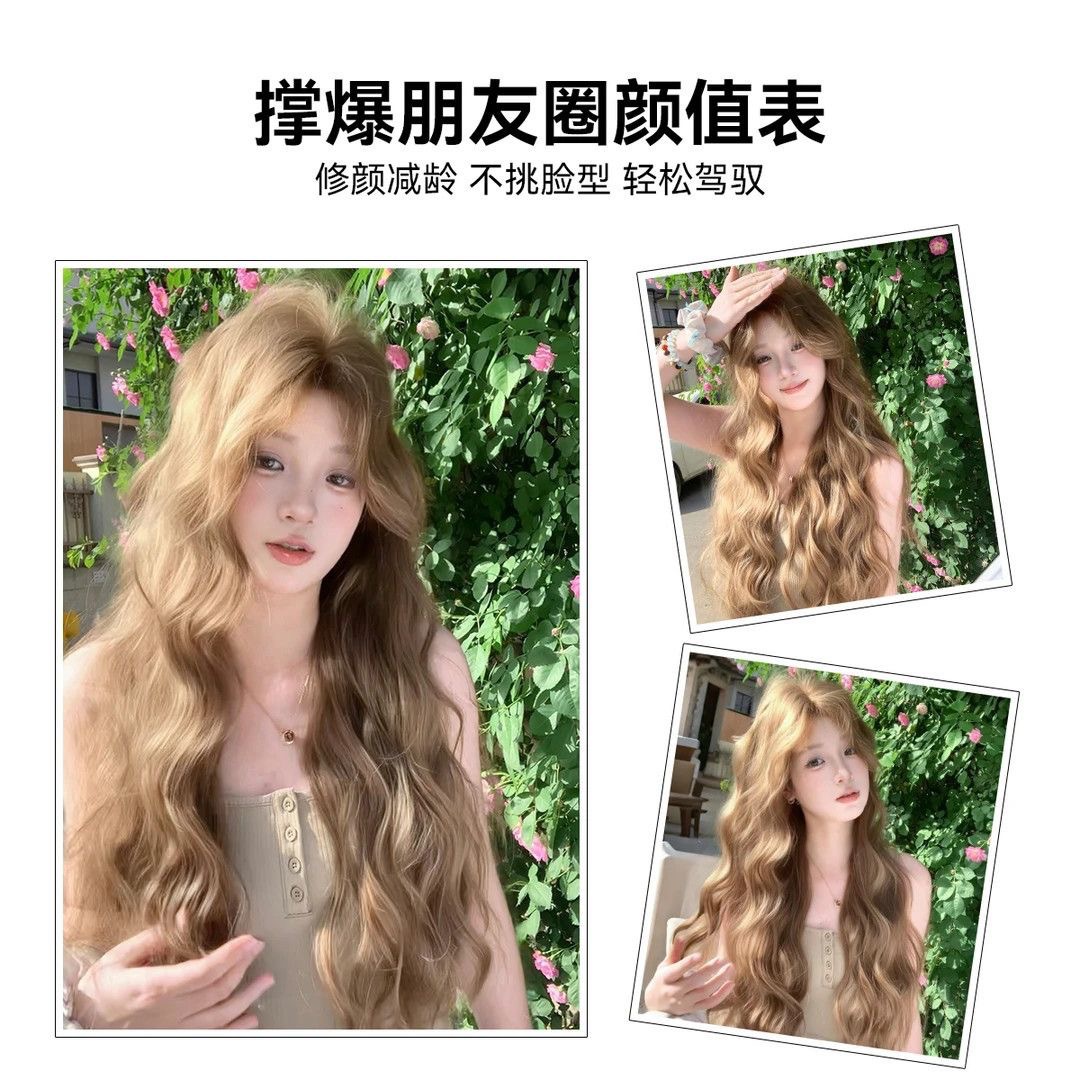 Nueva peluca lino marrón mediano perezoso sensación de cabello largo rizado lolita red cubierta de cabeza completa