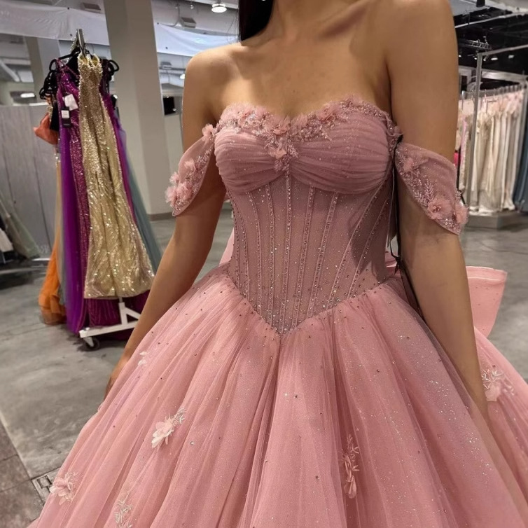 Vestido de novia rosa para adultos flor de encaje vestido de noche de fiesta de un hombro vestido de noche de fiesta de gasa hinchada