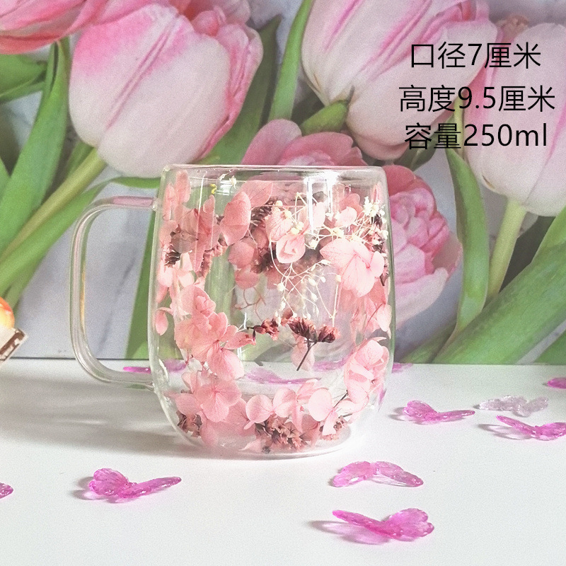 Taza de flores secas fresca pequeña Taza de vidrio de doble capa Taza de recuerdo creativa Suministro transfronterizo Taza de flores secas de alto valor