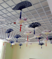 BG54青花瓷扇風手工藝品裝飾吊飾幼兒園彩色繪畫教室走廊環境布置