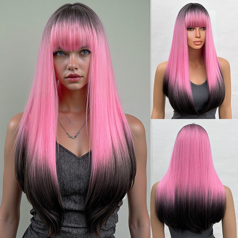 Curly Layered Wig Full Length Cosplay Style Gradient Beige Pink Wig For Women With Bangs Synthetic Hair Extensions_voghion.com