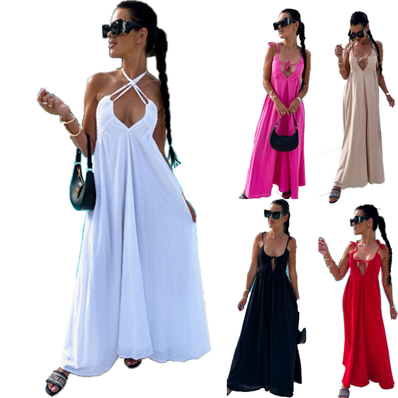 Cross-border European and American Women's Summer New Dress Solid Color Jacquard Sling Deep V Sexy Loose Long Dress Women's 8016