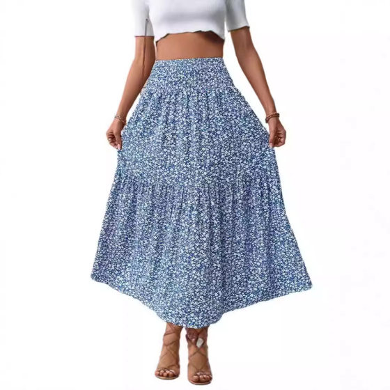 Amazon Independent Station European and American Cross-Border Foreign Trade Fresh Floral Long Skirt Casual Slim Pleated High Waist Skirt