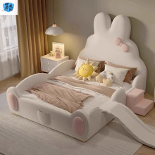 儿童床女孩公主床奶油兔子滑梯床带护栏滑梯卡通床小户型实木床