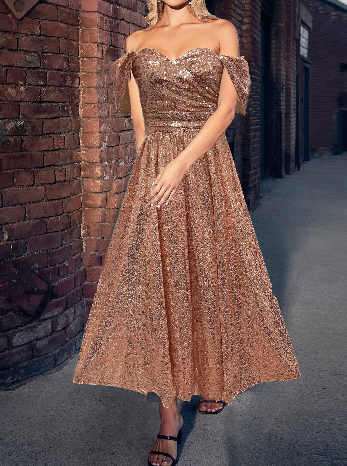 2023 primavera nueva división de manga larga con cuello en V SLIM-Fit vestido largo banquete de boda fiesta multicolor lentejuelas noche