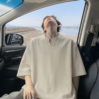 杏色V领仿亚麻短袖男夏季薄款2026新款半袖上衣潮牌痞帅棉麻T恤潮