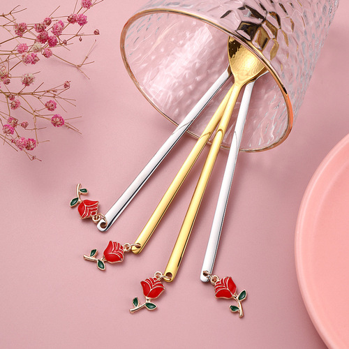 Stainless Steel Red Rose Fork and Spoon Set Gift Box Valentine's Day Gift Gold Spoons Wholesale High-Quality Coffee Spoons