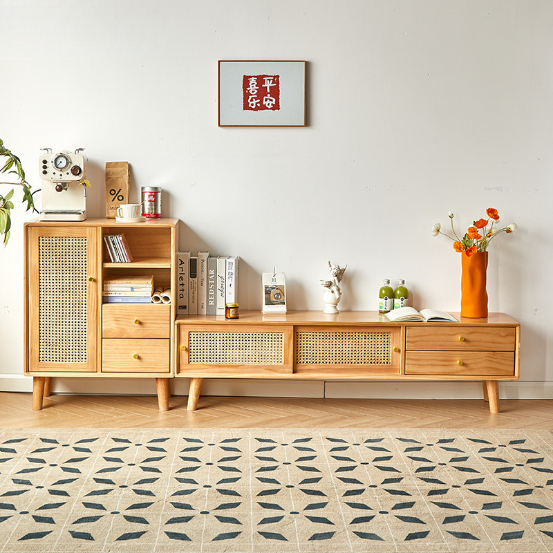 Solid Wood Tv Cabinet Living Room Simple Modern Small Apartment Nordic Fully Equipped Floor-Standing Rattan Japanese Style Log Tv Cabinet