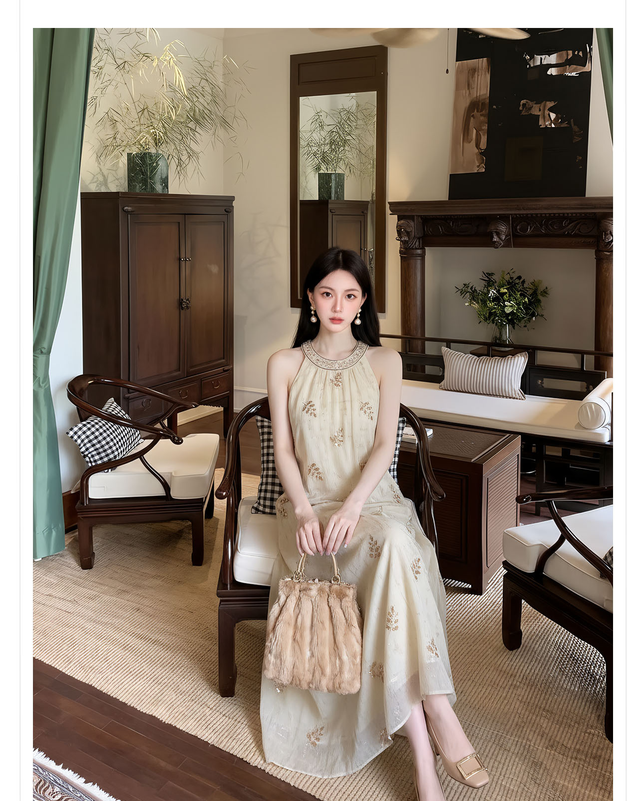 Bộ váy đầm maxi thắt eo phong cách tân cổ điển thêu hoa kết cườm — bộ đồ, váy liền, áo khoác chi tiết 9