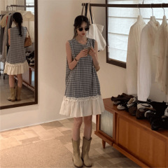 韓国チェック柄ノースリーブドレス女性の夏の 2025 新しいレース甘い年齢を減らすフレンチスタイルのベストスカート