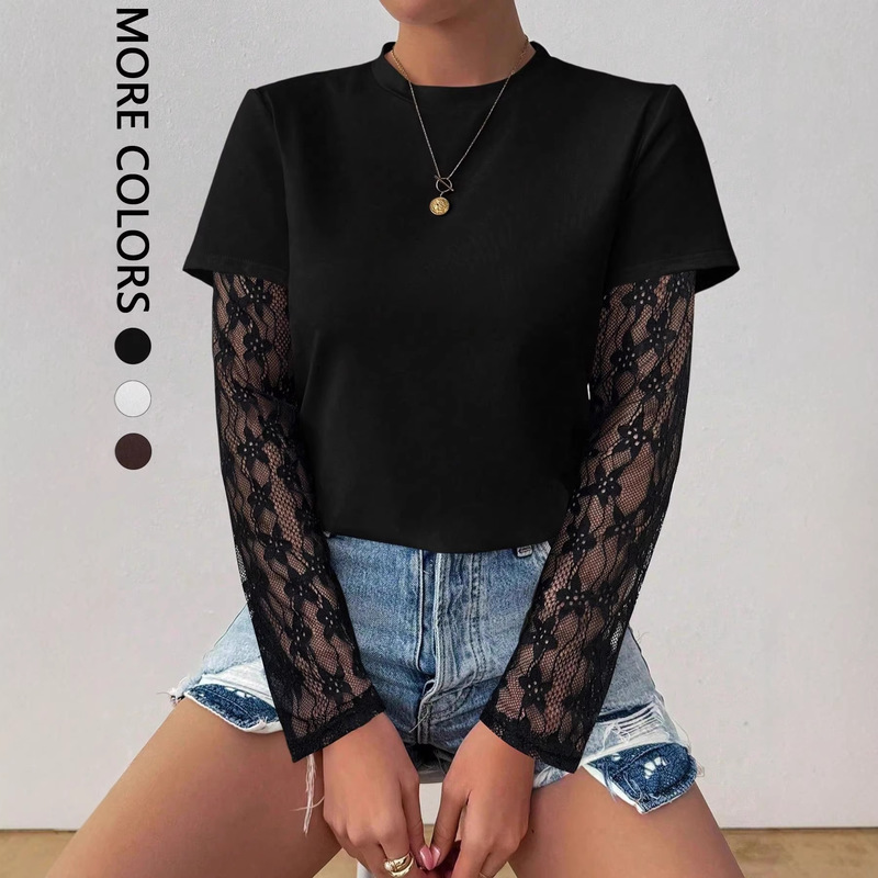 Fashionable Round-Neck Lace Patchwork Long-Sleeve T-Shirt with a Slimming Design, Casual Base Shirt, Cross-Border Women's Clothing Wholesale Fashionable Round-Neck Lace Patchwork Long-Sleeve T-Shirt with a Slimming Design, Casual Base Shirt, Cross-Border Women's Clothing Wholesale