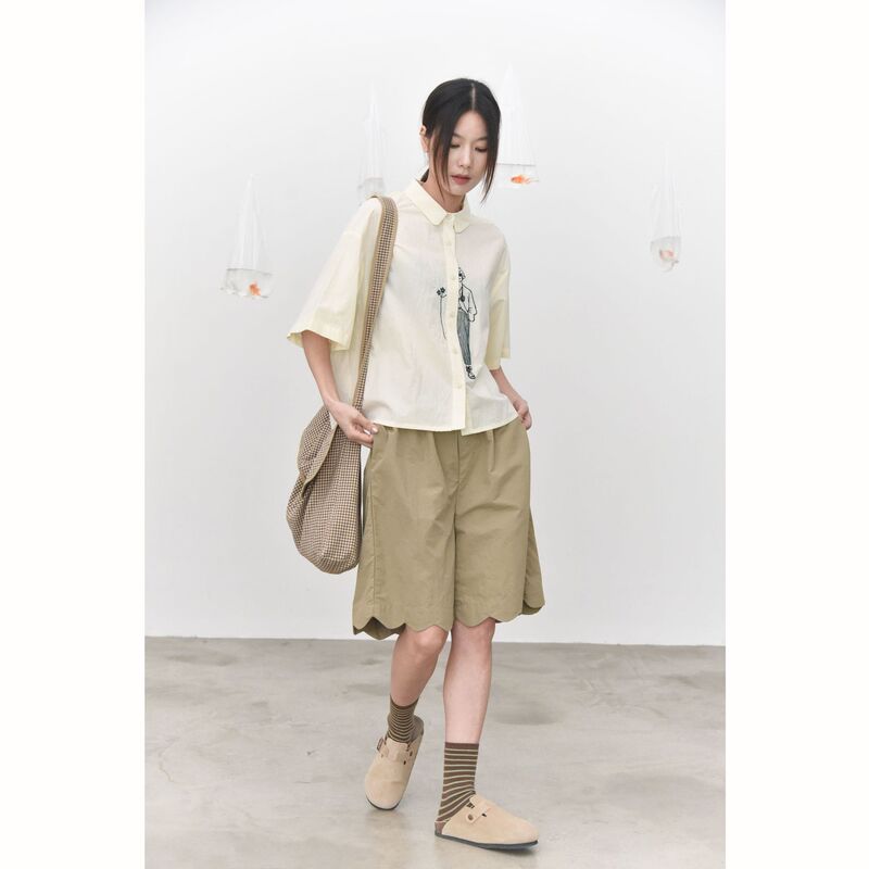 【There's Also a Mountain】Line-Style Embroidered Sunglasses Character Japanese Niche Design Summer New Short-Sleeve Shirt 5531