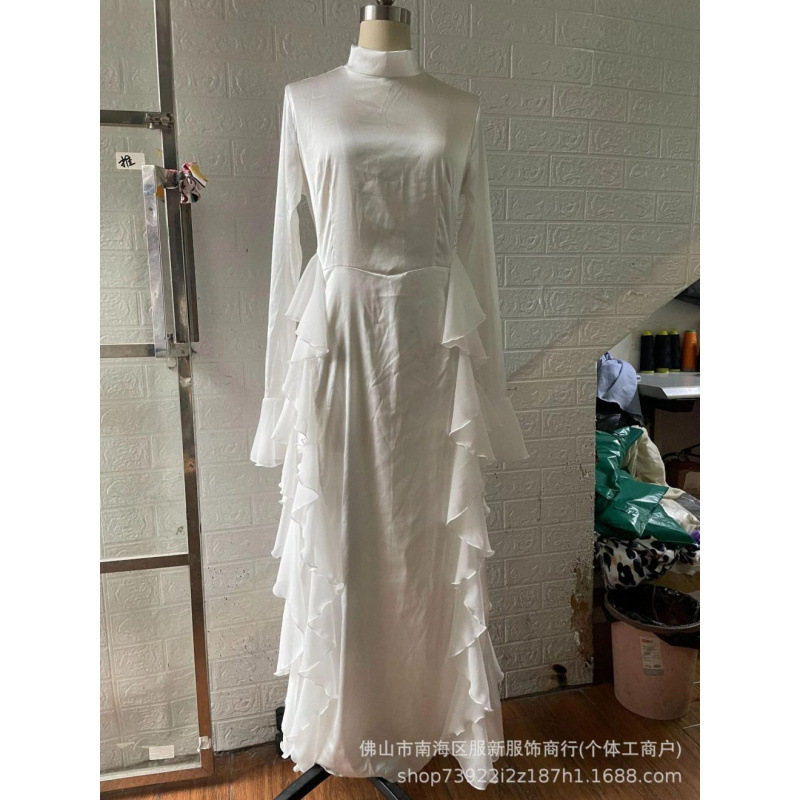 欧米の外国貿易の婦人服は越境して秋の丸首のラッパの袖のセクシーな気質の高い腰のつなぎ合わせて明らかにやせているレースのワンピースを現します。|undefined
