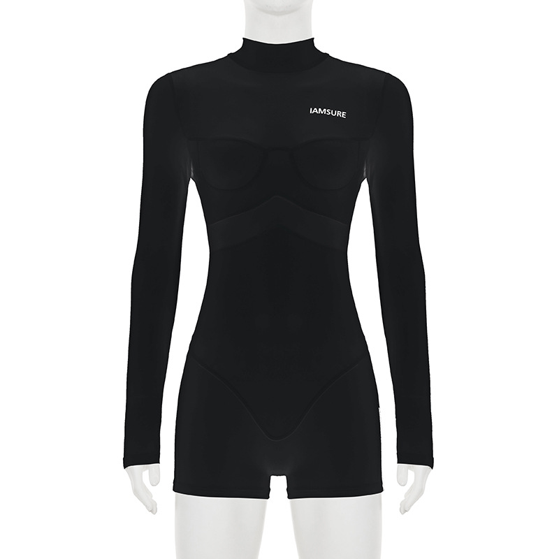 Street Sexy Casual Mesh Stitching One Piece Short Half Turtleneck Sexy Tight Long Sleeve Narrow Jumpsuit Women
