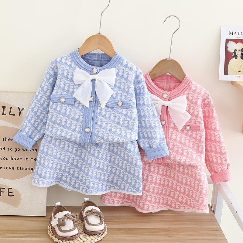 Kinder Pullover Rock Kleiner Duftender Wind Damen Herbst und Winter Neue Schleife Zweiteiliges Set langärmelige Strickjacke_voghion.com