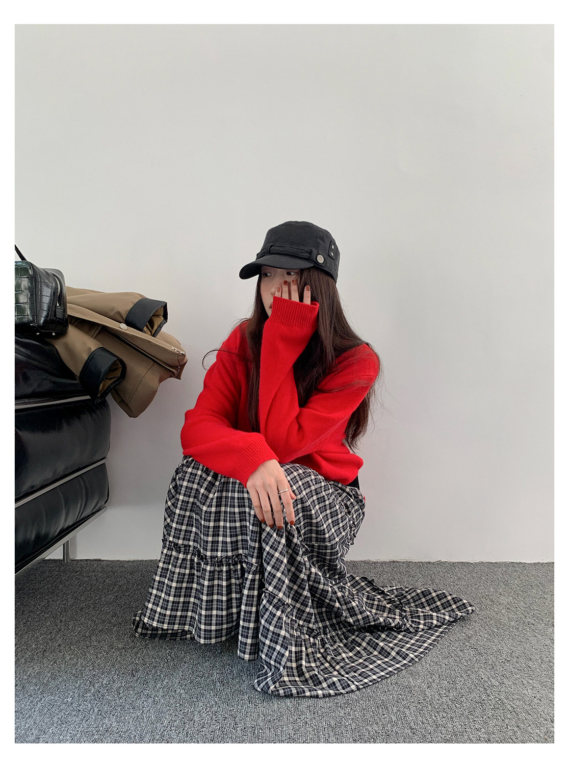 GraceChic GraceChic GraceChic Inbyin Gonna midi a quadri arricciati in stile coreano per donna, lunga vita elastica, che copre i fianchi, snellente_voghion.com