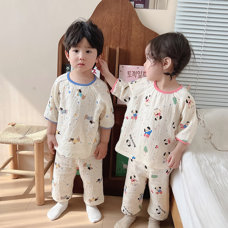 Baby's Pajamas Summer Pure Cotton Thin Children's Mid-sleeve Pullover Double-layer Gauze Home Clothes suit Men's and Women's Air-conditioning Clothes