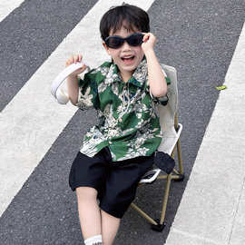 男童衬衫短袖花衬衫沙滩度假风海边夏季薄款男宝宝儿童短袖外套潮