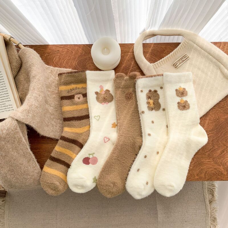 Australian Velvet Socks Women's Autumn and Winter Bear Mid-Calf Socks Thickeneded and Warm Winter Home Sleeping Loose Floor Coffee Color Cute Australian Velvet Socks Women's Autumn and Winter Bear Mid-Calf Socks Thickeneded and Warm Winter Home Sleeping Loose Floor Coffee Color Cute