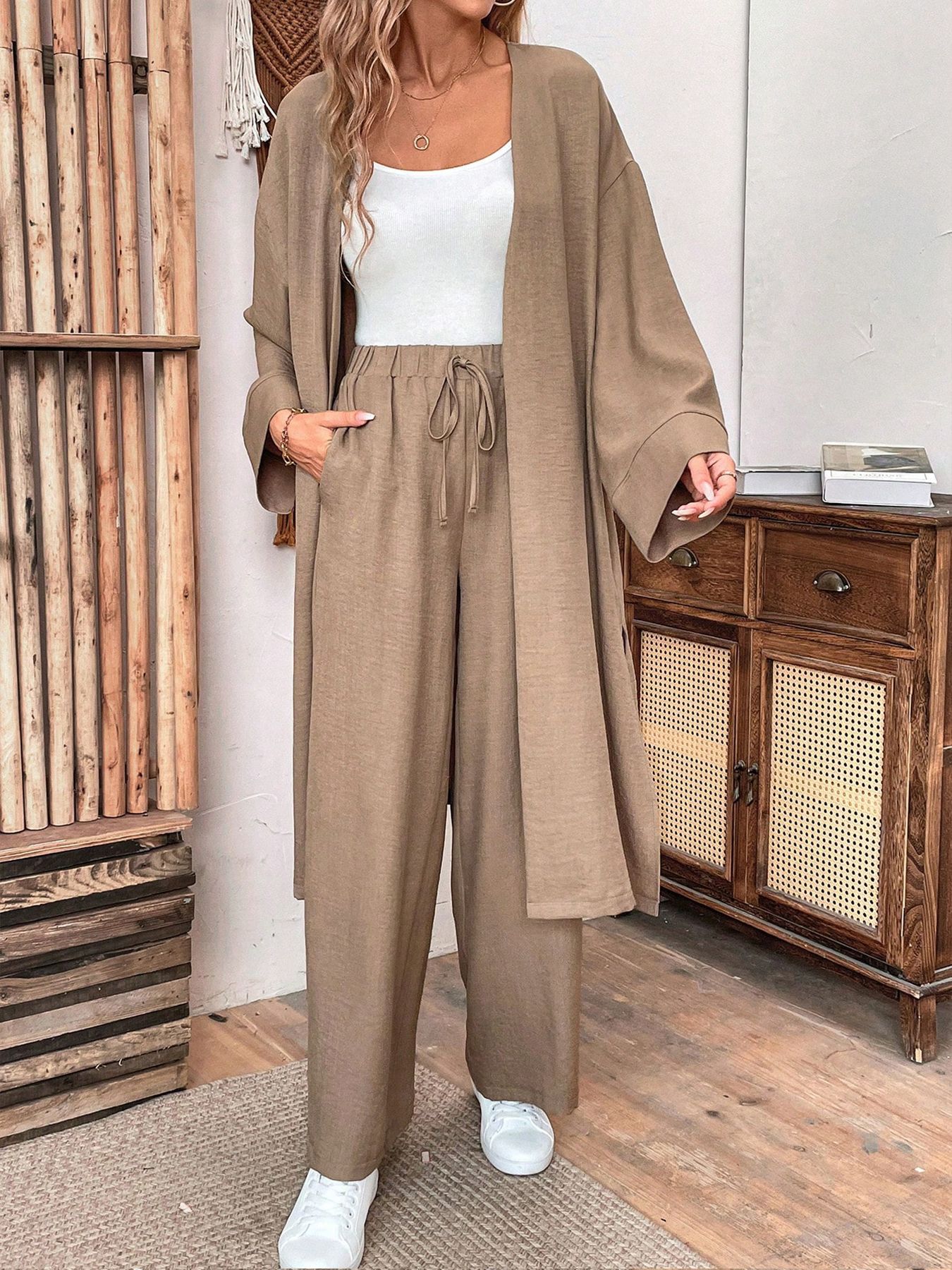 Women's Clothing new loose long cardigan top wide leg pants two piece suit_voghion.com