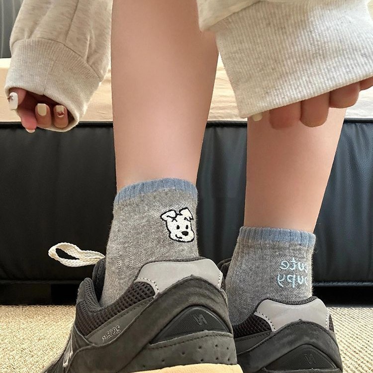 2025 Spring and Summer New Korean Style Ins Style Embroidered Puppy Letter AB Foot Fashion Combed Cotton Women's Socks