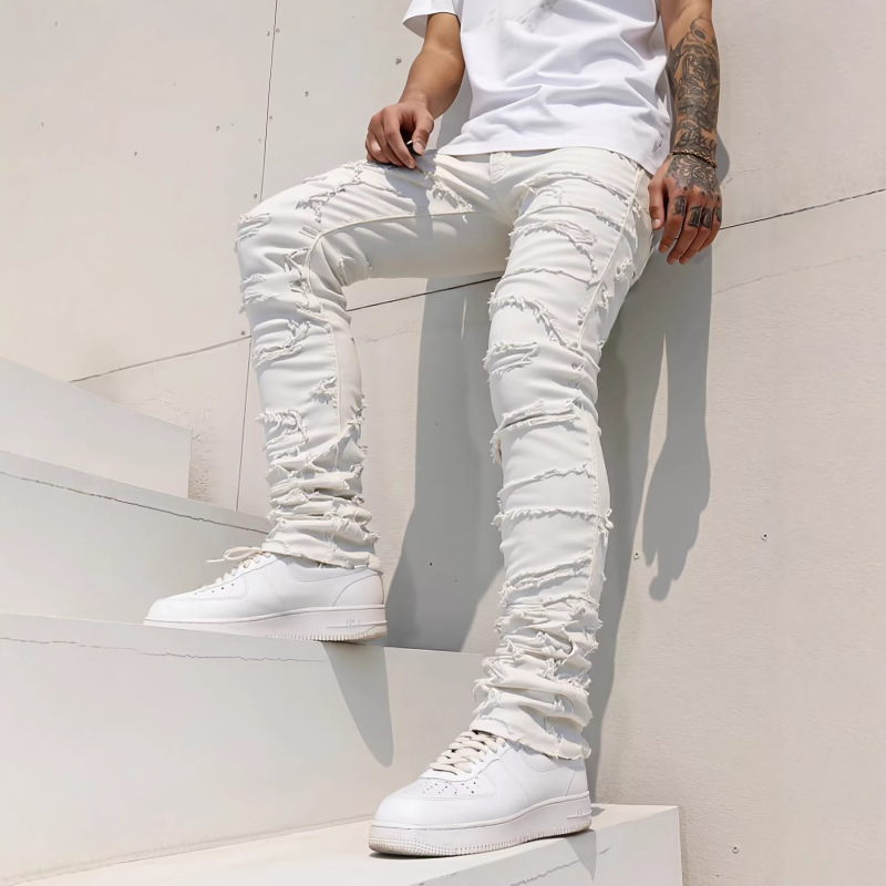 Hme European and American Cross-Border Men's Jeans Trendy High Street Stretch Patchwork Heavy-Duty Personalized Slim Straight Long Pants