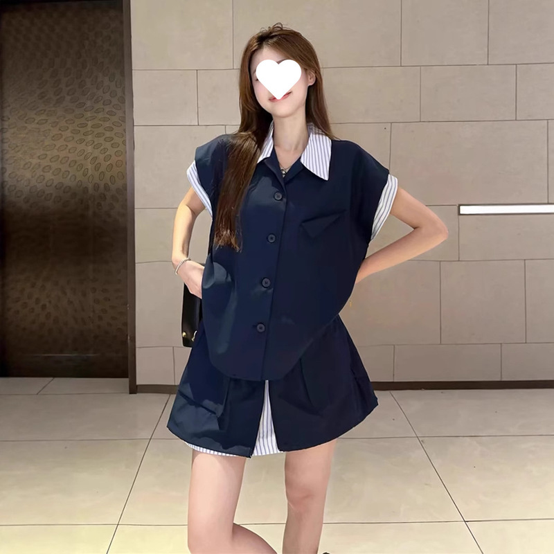 港风复古运动套装女夏季宽松时尚假两件衬衫短袖短裙休闲两件套潮|undefined