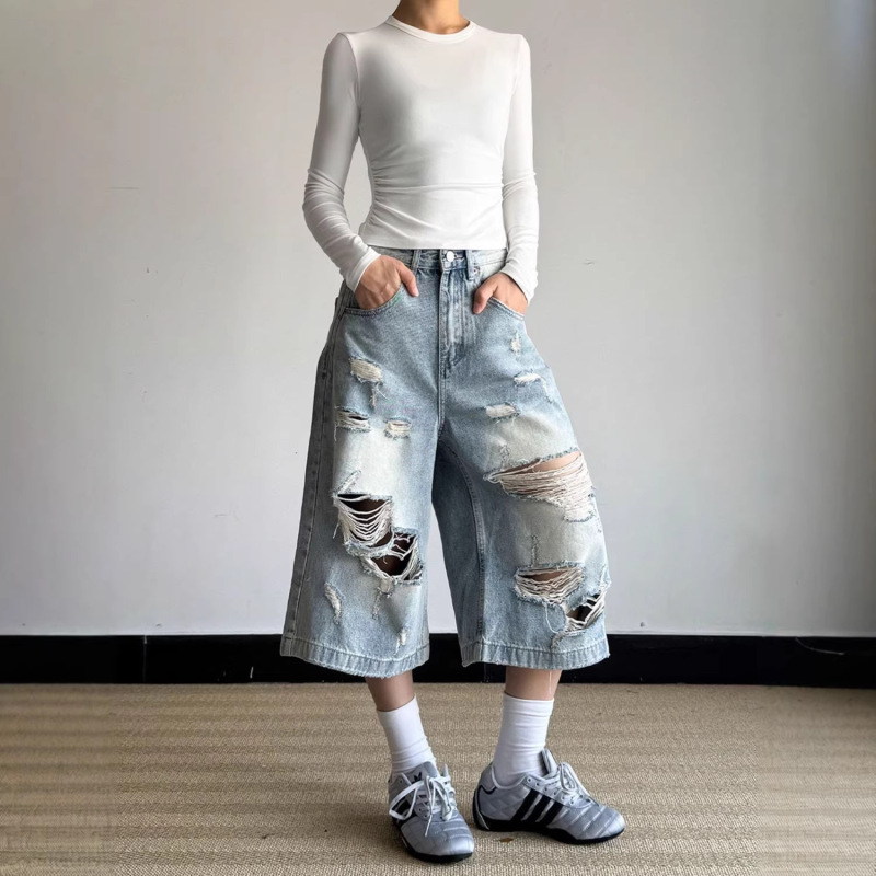 Plus-Size American Retro Distressed Washed Ripped Whiskered Denim Capri Pants for Women, Summer Trendy Loose Casual Shorts Plus-Size American Retro Distressed Washed Ripped Whiskered Denim Capri Pants for Women, Summer Trendy Loose Casual Shorts