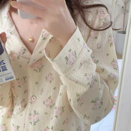 韩国外贸女士ins睡衣春秋新品家居服长袖长裤套装日系碎花开衫棉