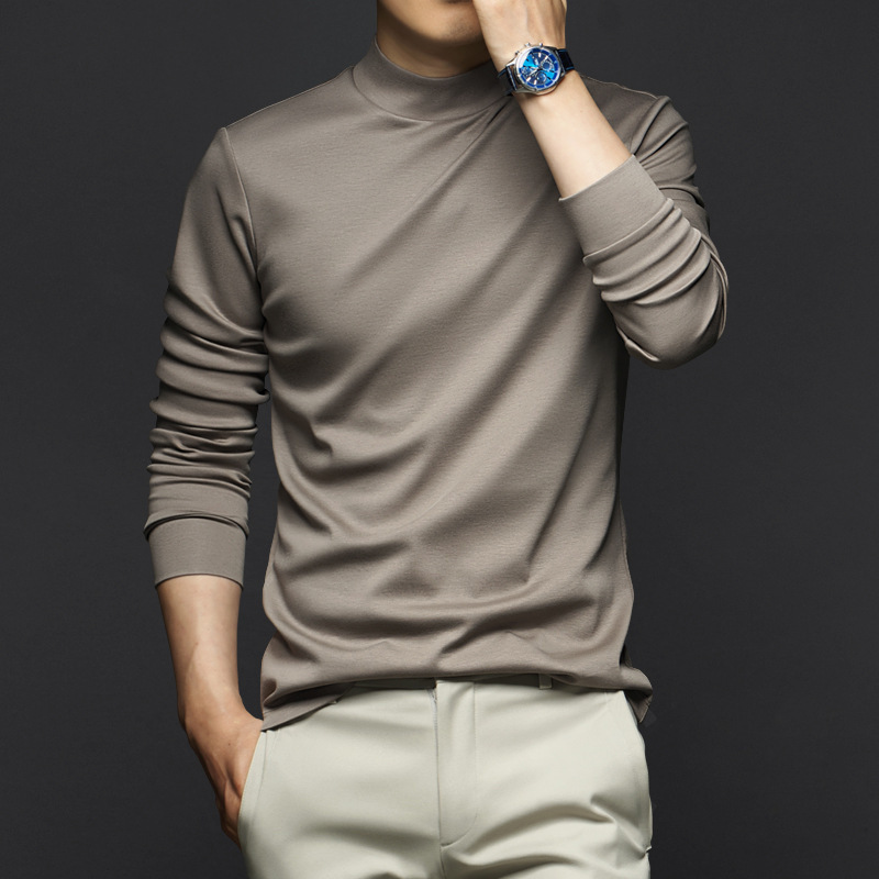 High-grade liquid ammonia mercerized cotton long-sleeved T-shirt men's spring and autumn versatile autumn clothing anti-static inner semi-high collar top men's