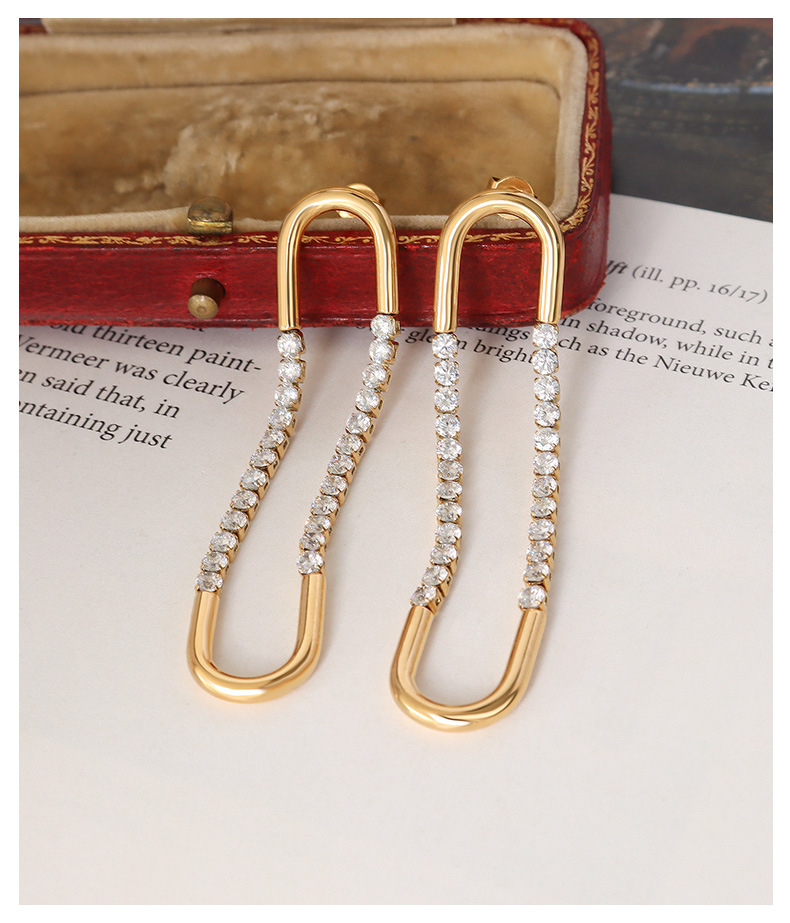 Fashion Temperament Geometric U-Shaped Zircon Titanium Steel Earrings_colorza_4