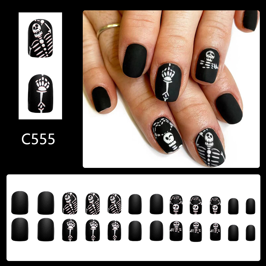 Short Halloween Frosted Wear Nail Art Thriller Funny Skull Man Dark Nail Art 2024 New ins24_voghion.com
