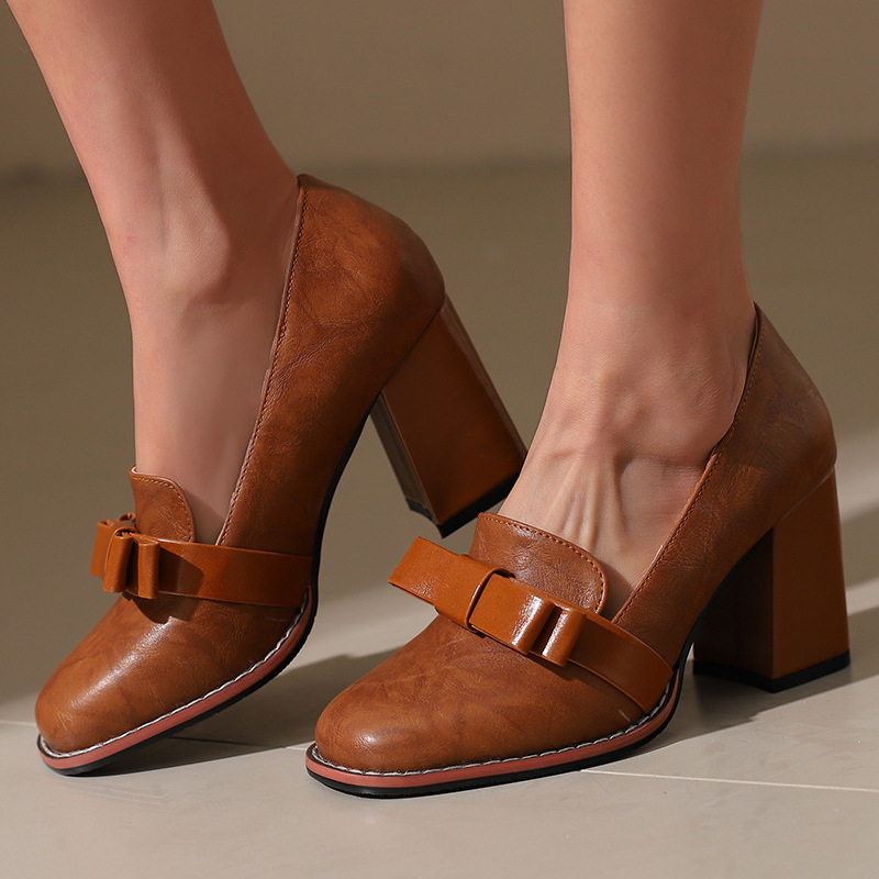 2025 Women's High Heels, Cute Bow Square Toe Thick Sole Thick Heel 8cm One-Leg Sweet Color Matching Retro Shoes