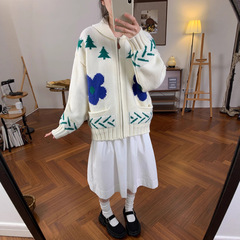 撞色花朵重工提花开衫毛衣女2025秋冬新款韩版宽松翻领针织外套厚
