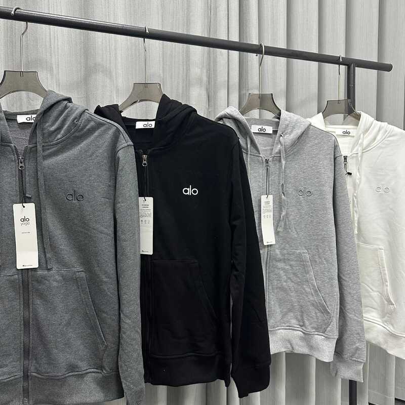 Alo/26Ss Hooded Pure Cotton Sweatshirt with Solid Color Embroidery and Terry Seam, European Size, Unisex Couple's Commuter Cardigan