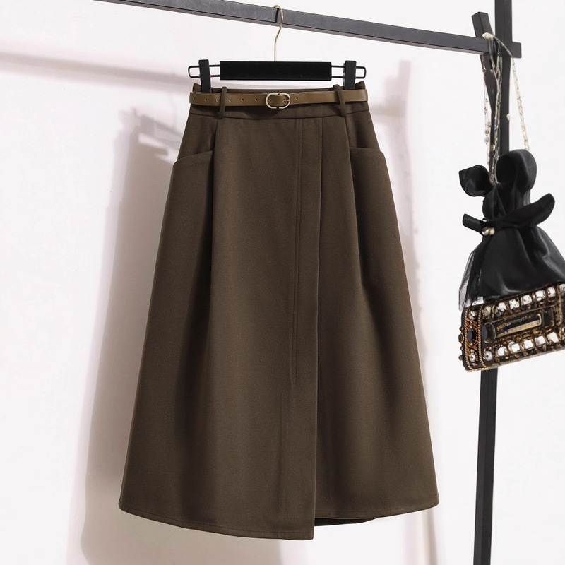 Plus Size Women's Clothing 2025 Autumn and Winter New Style Asymmetrical Woolen Skirt Fat mm High Waist Slim Mid-Length A-Line Skirt