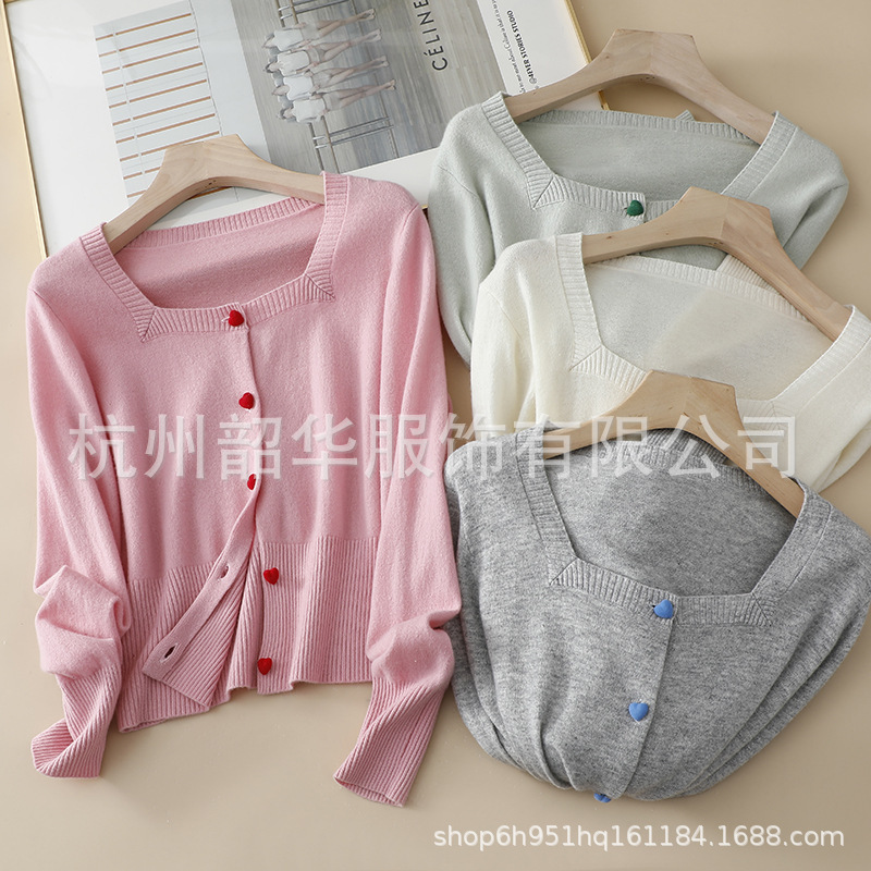 100% Sheep Wool Korean Style Heart Button Knit Cardigan for Women, New Autumn/Winter 2025 Square Neck Long Sleeve Short Jacket Trendy Top