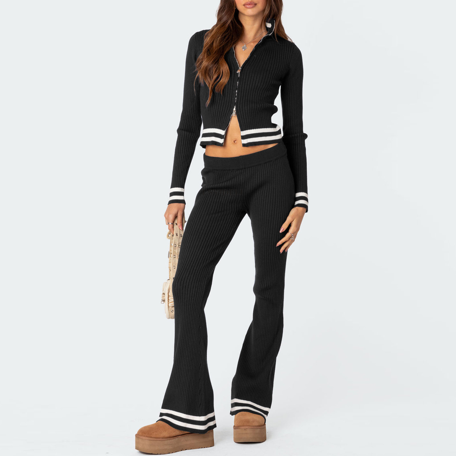 Damer Casual och mångsidig stand-up krage slim-fit topp + byxor casual tröja i två delar_voghion.com