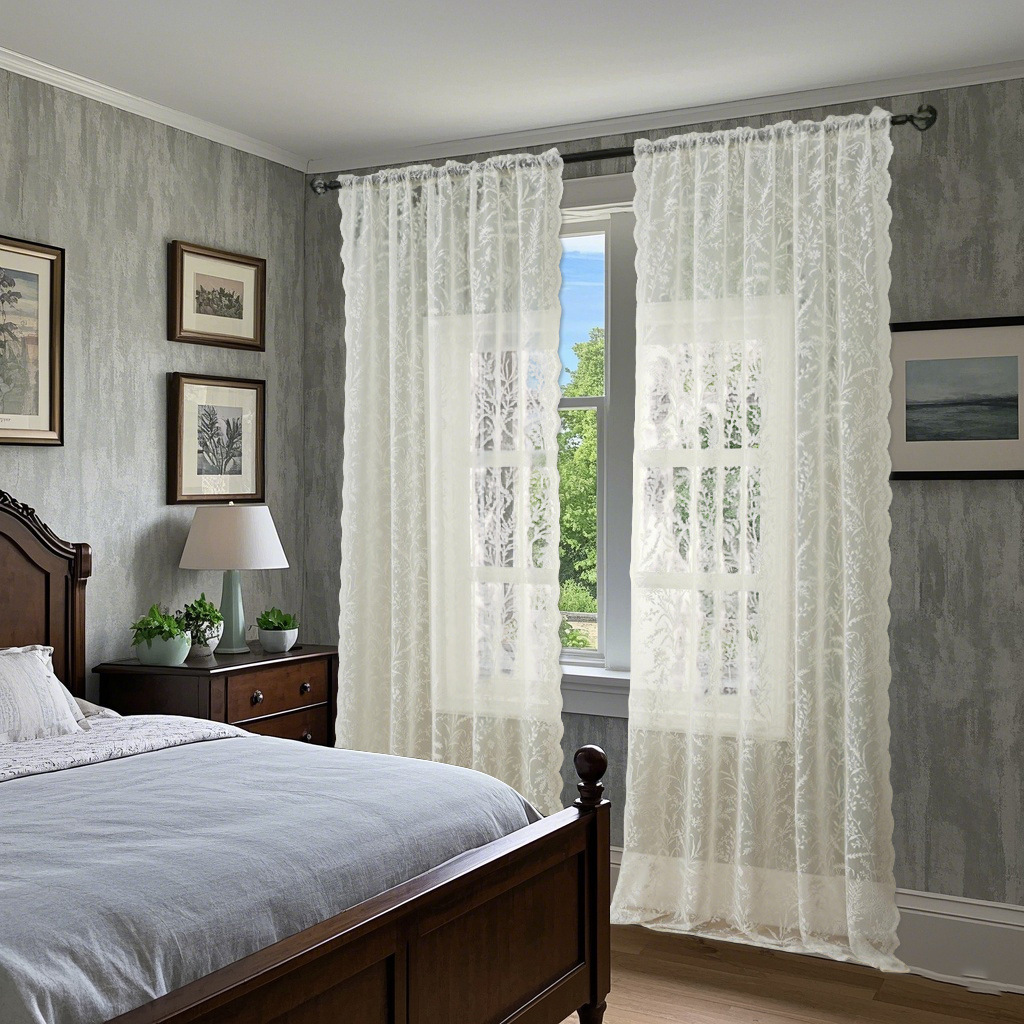 Prinzessinnen-Stil-Spitzenvorhänge mit floralen Lochmustern für ein Wohnzimmer mit frischem, künstlerischem Vintage-Ambiente_voghion.com