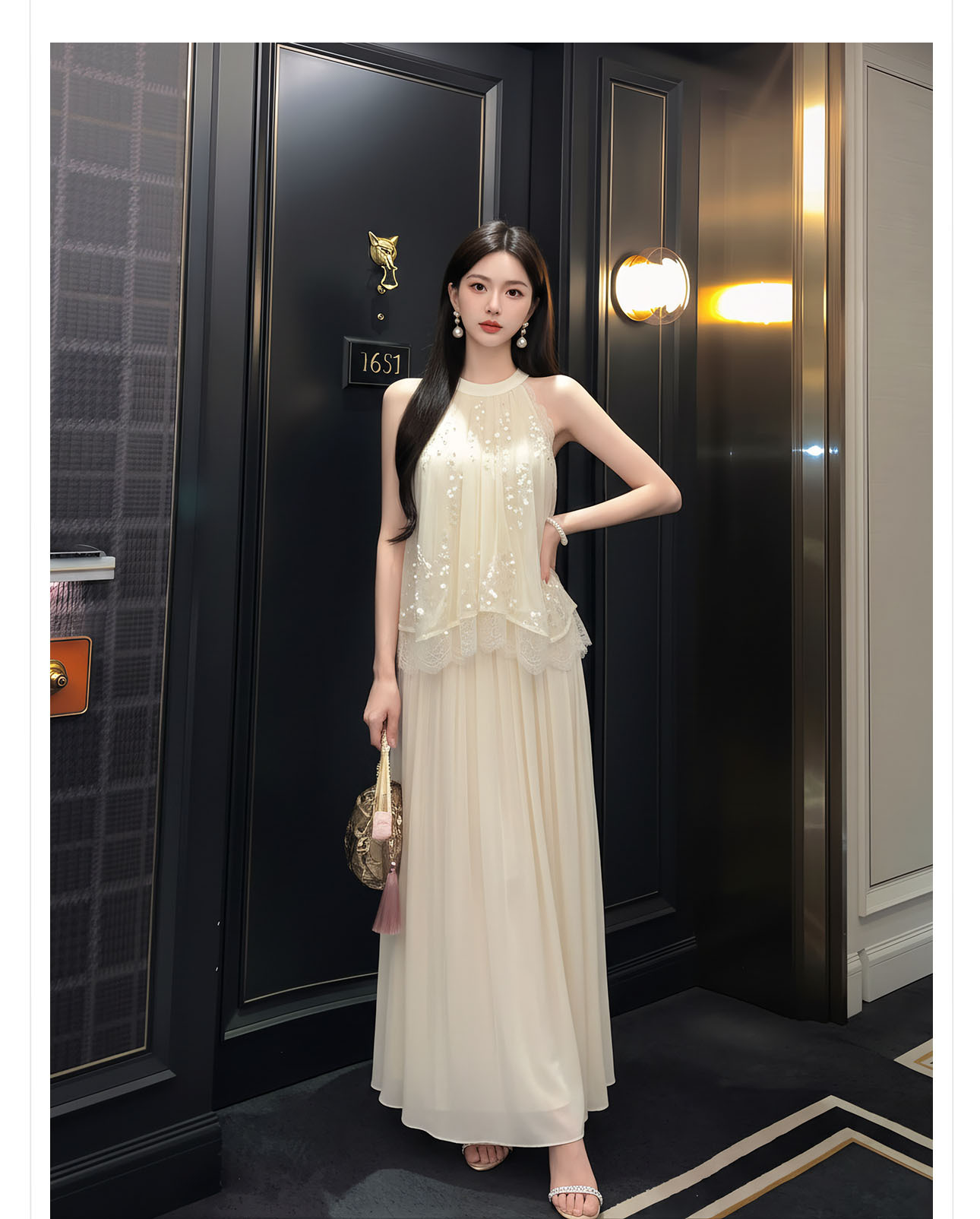Áo croptop nữ tay ngắn cổ yếm xếp ly đính sequin phối bộ — bộ đồ, nửa váy, Gạo trắng Top chi tiết 9