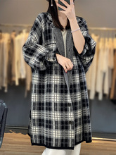 2023秋冬新款黑白格大衣羊毛衫女西装领百搭宽松针织开衫时尚外套