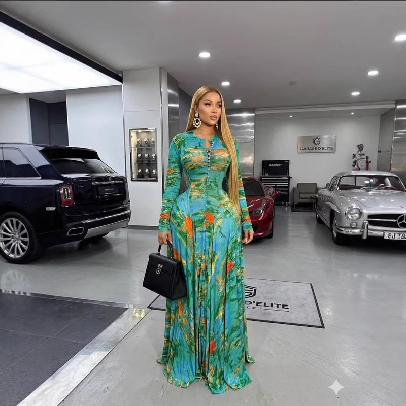 European and American Cross-Border Women's Clothing 2026 Spring New Style Elegant Round Neck Printed Single-Breasted Evening Dress Long-Sleeved Dress