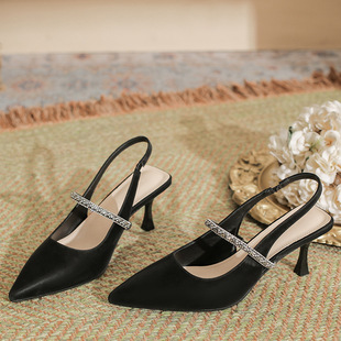 Black High-heeled Shoes Women's Stiletto Belt All-match Rhinestone Pointed Top Baotou Empty Sandals Women's 2025 New Women's Shoes