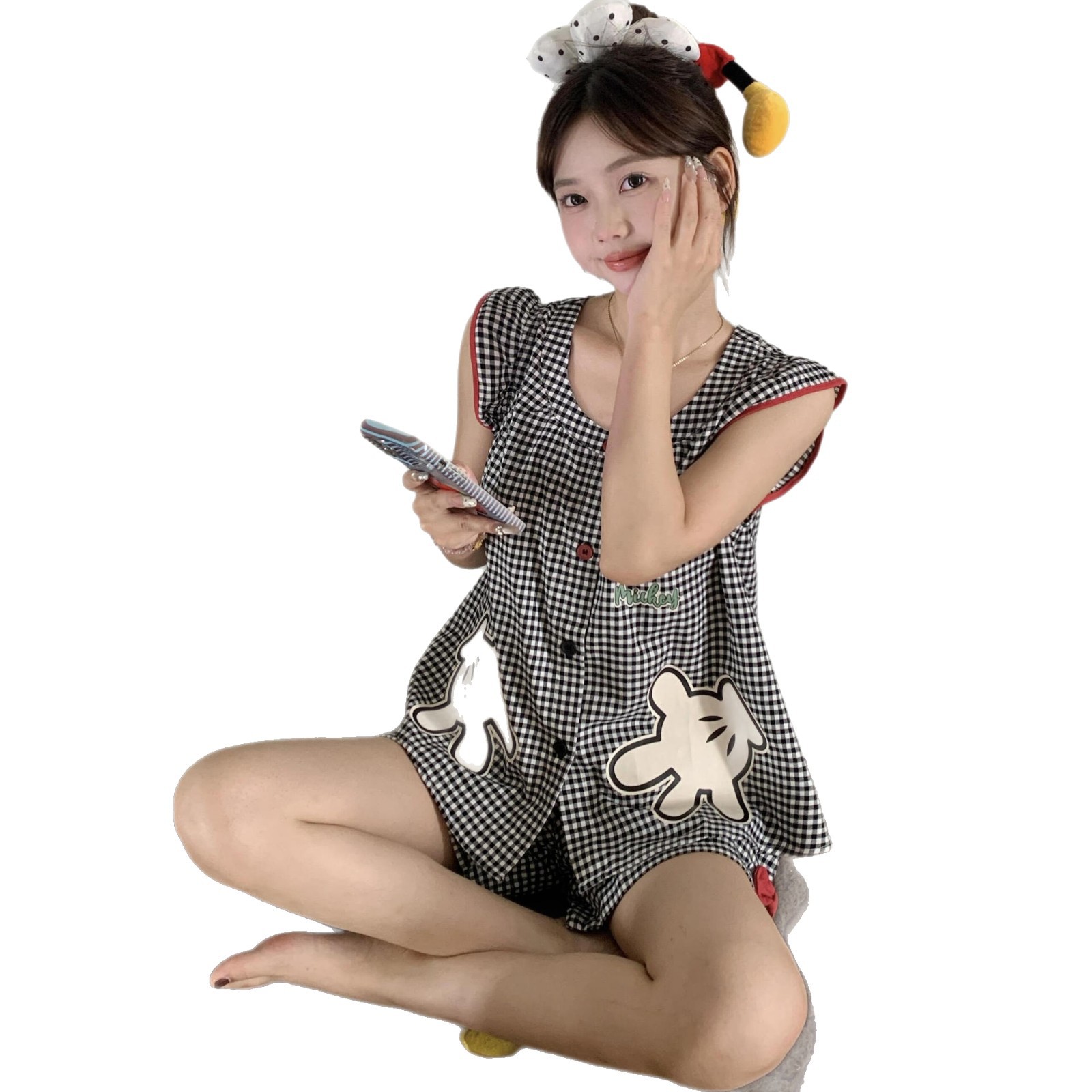 韓国版ミッキーチェック柄ノースリーブパジャマ女性用2025年夏新作女の子年齢軽減アウターウェア大きいサイズホームウェアセット